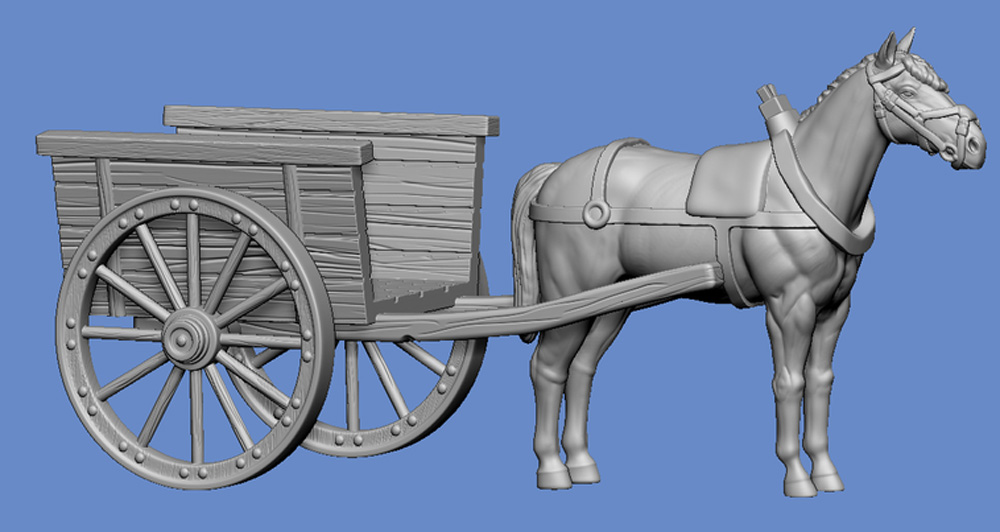 Small peasant cart with standing horse