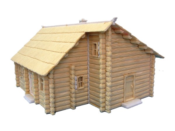 Two storey Log house with thatch roof.
